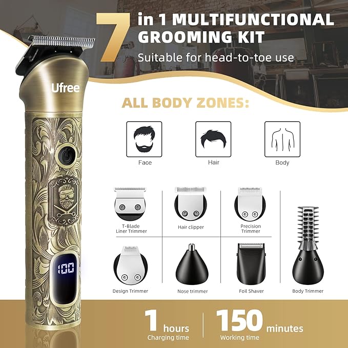 Ufree Beard Trimmer for Men Electric Razor Shaver Cordless Hair Clipper Shaving Kit for Mustache Body Nose Ear Hair Facial Adjustable Beard Grooming Kit Birthday Gifts for Men