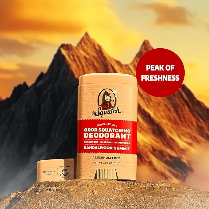 Dr. Squatch Natural Men’s Deodorant – Aluminum Free Natural Deodorant Men with Charcoal &amp Postbiotics for 72-Hour Odor Protection – Sandalwood Summit 2.65oz Stick (3-Pack)