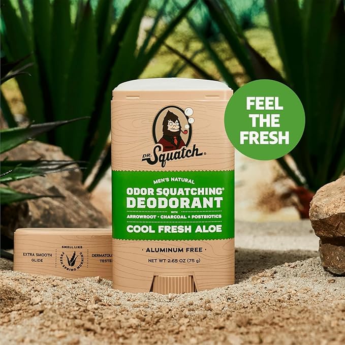 Dr. Squatch Natural Men’s Deodorant – Aluminum Free Natural Deodorant Men with Charcoal &amp Postbiotics for 72-Hour Odor Protection – Cool Fresh Aloe 2.65oz Stick (3-Pack)