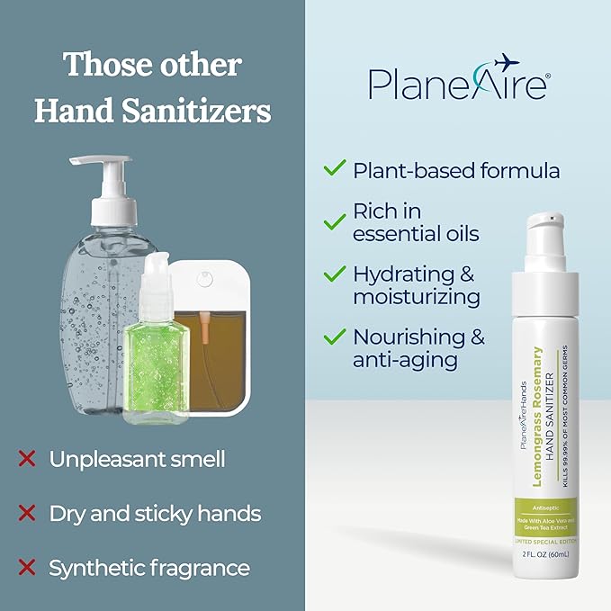 Lemongrass Rosemary Lotion Hand Sanitizer | Travel Size | Cleanse &amp Moisturize | Made with Aloe Vera &amp Essential Oils | Rich in Vitamin E | Lemongrass Essential Oil | Green Tea Extract | 6-Pac