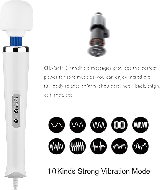 CHARMING 10 Speeds Wired Powerful Handheld Back Massager with Strong Vibration Personal Therapy Massager for Sports Recovery Muscle Aches Full Body Pain (White)