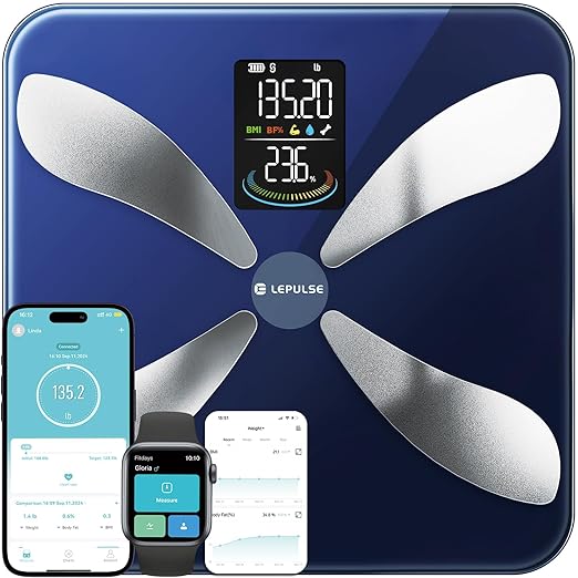 Lepulse Smart Weight Scale with BMI Body Fat Muscle Mass Updated X-Shaped Electrode Scale for Body Weight and Fat Percentage 13 Body Composition Scale Large Display Digital Bathroom Scale with App