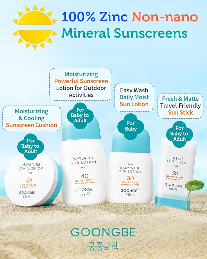 GOONGBE Moisture Sun Cushion Mild SPF 50 - Korean Moisturizing &amp Soothing Zinc Oxide Mineral Sunscreen - Travel Friendly Sun Cushion for Babies &amp Kids - Vegan Reef-Safe Allergen-Free 0.81oz