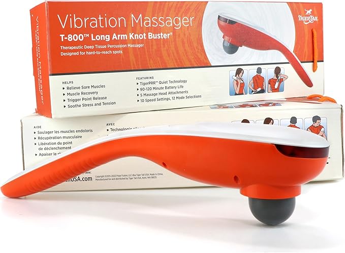 Tiger Tail Vibration Massager T-800 Long Arm Knot Buster Cordless Massage Device - Handheld Back Shoulder and Neck Deep Tissue Massager