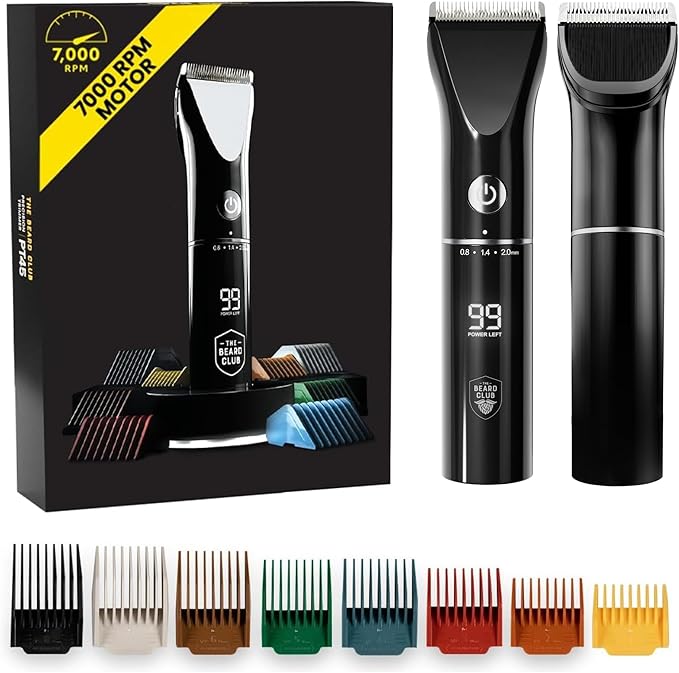 The Beard Club Beard Trimmer for Men - Electric Cordless Rechargeable Beard &amp Hair Trimmer - High Power 7000 RPM - 8 Color Guides 45 Unique Trim Lengths - Travel Lock