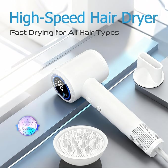 HD Display Hair Dryer: 150000 RPM High Speed Brushless Motor Fast Drying &amp 200M Negative Ionic Blow Dryer Smart Temperature Control 51db Low Noise Magnetic Diffuser &amp Nozzle for All Hair T