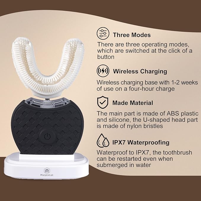 U-Shaped Ultrasonic Toothbrush for Teeth Whitening Automatic Electric Toothbrush for Adults 360-degree Cleaning Wireless Charging and IPX7 Waterproof Kit for Travel or Home(Black)