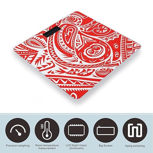 White and Red Tribal Pattern Scale for Body Weight Anti-Slip Tempered Glass Digital Bathroom Scales Clear LCD Display Weighing Scale Safe Rounded Corners Smart Scales