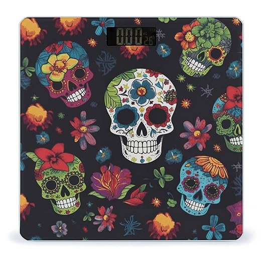 Flower Cactus Sugar Skull Bathroom Scale for Body Weight Bathroom Weighing Scale with Backlit LCD Display Highly Accurate Measures Weight Up to 180kg