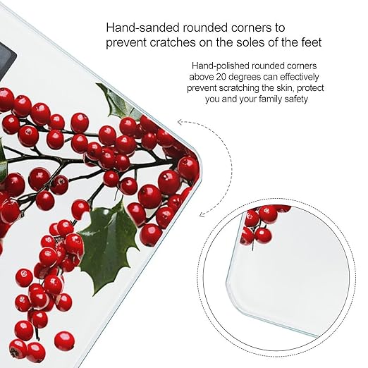 Holly Berry Branches Scale for Body Weight High Precision Digital Weight Scales with LCD Display Anti-Slip Sturdy Slim Tempered Glass Bathroom Scale for Home Use