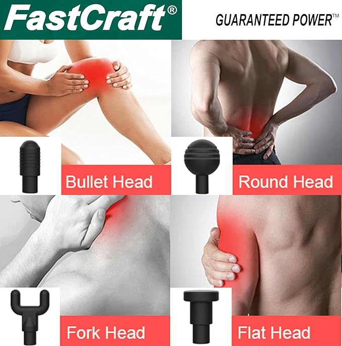 Massage Gun - FastCraft Body Massager Deep Tissue Percussion Lightweight Handheld Up to 12 Hours per Full Charge -Great Holiday Gift - PRO 12V 2400mAh Super Quiet - Guaranteed Power