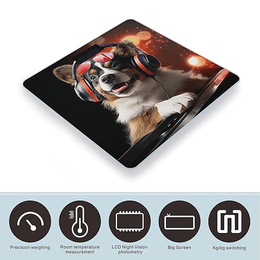 Cute Dog Wearing Headphones Scale for Body Weight Anti-Slip Tempered Glass Digital Bathroom Scales Clear LCD Display Weighing Scale Safe Rounded Corners Smart Scales