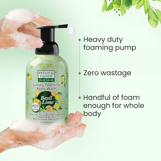 BRYAN &amp CANDY Basil &amp Lime Luxury Foaming Body Wash With PentavitinPro Vit B5Argan OilAloe Vera Basil &amp Lemon Peel Extract Skin Friendly Ph 5.5 All Skin Types 400 Ml 400 Ml (Pack Of