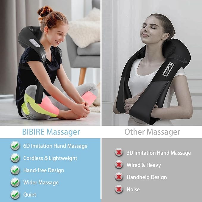 BIBIRE Neck and Shoulder Massager Deep Tissue Cordless Kneading with 6 Massage Nodes Shiatsu Neck Back Shoulder Massager with Heat for Traps Back &amp Leg Gifts for Men Women Home Use