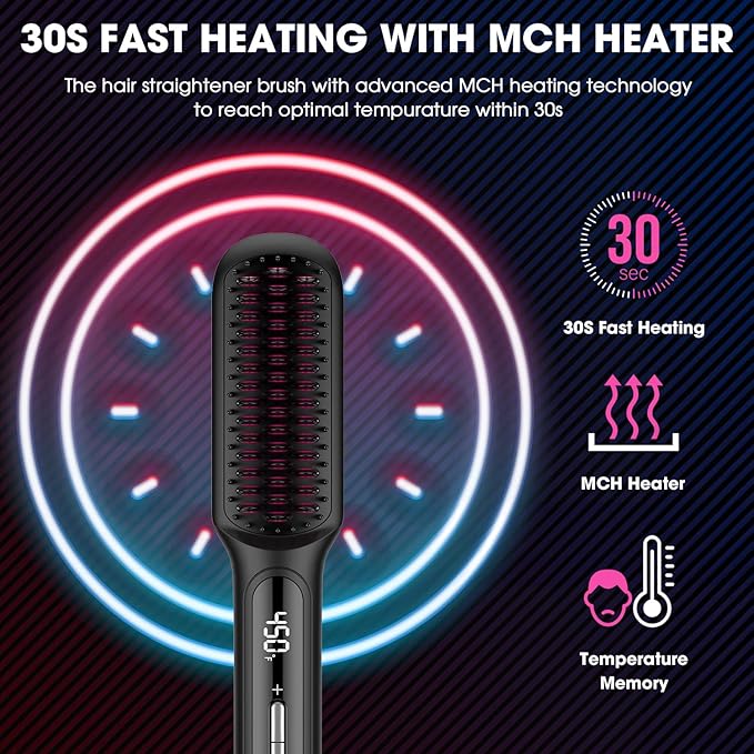MiroPure Hair Straightener Brush with Plasma Technique Ceramic Straightening Brush with 16 Temp Settings 30s Fast Heating Hair Straightener Comb for Women with LED Display &amp Dual Voltage Black