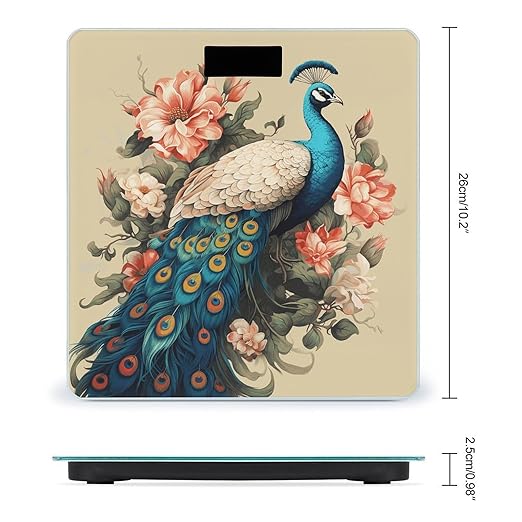Peacock and Flowers Scale for Body Weight Anti-Slip Digital Bathroom Scale Sturdy Toughened Glass Weighing Scales High Precision Safe Rounded Corners Smart Scales