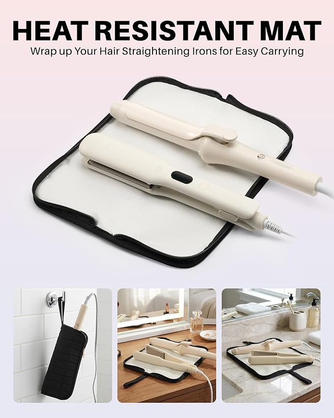 Hot Tools Travel Case with Heat Resistant Mat Pouch Large Hair Tool Organizer Bag for Curling Iron Flat Iron Hair Dryer Hot Air Brush Water Resistant Makeup Bag Gift for Women Black
