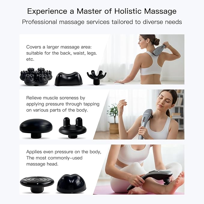MEGAWISE Handheld Back Massager | Deep Tissue Percussion Massage for Back Neck Shoulders Waist and Legs (Cordless Silver)