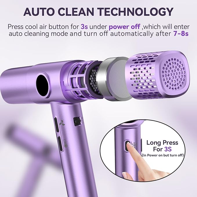 Ionic Blow Dryer with Diffuser | 1400W Fast-Drying Hair Dryer with LED Display &amp Adjustable Heat Control | Quiet Lightweight Design for Travel and Home Salon (Purple)