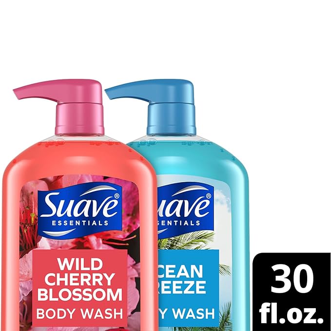Suave Body Wash Variety Bundle – Ocean Breeze 2-Pack &amp Wild Cherry Blossom Gentle &amp Moisturizing Body Washes with Vitamin E 30 Oz Ea (3 Piece Set)