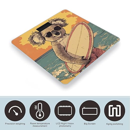 Koala Surfing Surfer Surfboard Digital Bathroom Scale for Body Weight Lighted LCD Display Round Corner