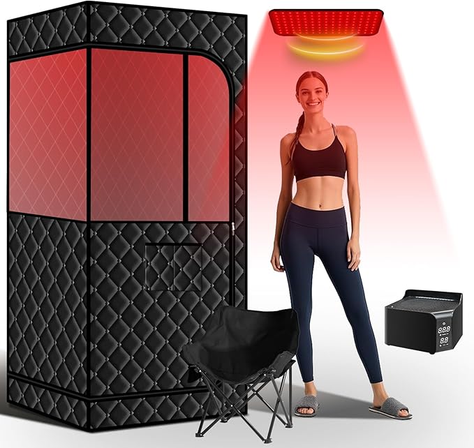Smartmak Portable Sauna with Infrared 660nm Red Light Therapy Lamp for Home Relaxation Personal Large Full Body Sauna Spa Tent 1500W Fast Heating Hot Air Saunas Folding Chair Indoor Use 130–150°F