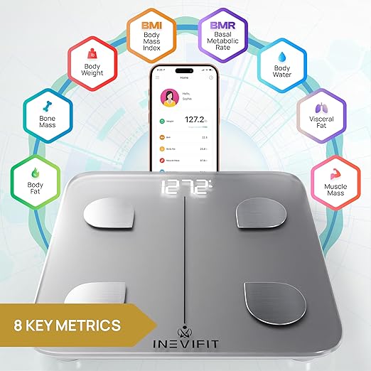 INEVIFIT Smart Body Fat Scale Highly Accurate Bluetooth Digital Bathroom Body Composition Analyzer Measures Weight Body Fat Water Muscle Visceral Fat &amp Bone Mass for Unlimited Users (Silver)