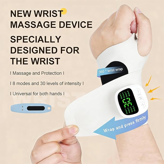 Wrist Massager for Carpal Tunnel and Arthritis Relief Cordless Electric Hand Massager Hand Heating Pad with 8 Modes Ergonomic 360° Support for Typing Fatigue and Joint Discomfort (Blue)