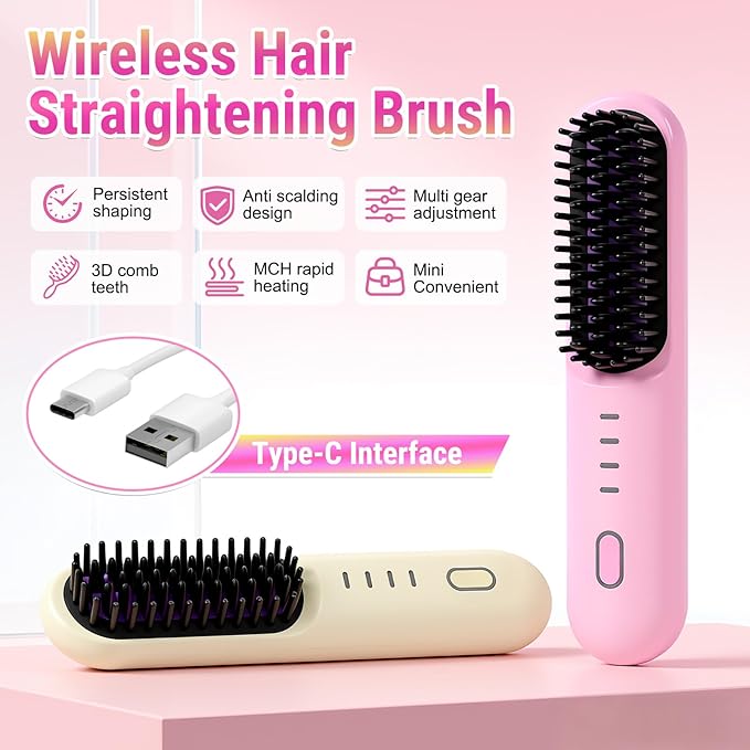 2026 Upgraded Cordless Straightening Brush with 30s Fast Heat 4 Temperature Settings Ionic &amp Ceramic Care 4000mAh USB-C Rechargeable for Frizz-Free Styling (Beige)