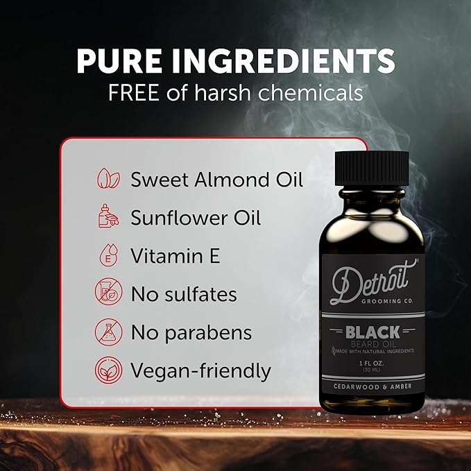 Detroit Grooming Beard Oil | Hydrating &amp Nourishing Formula with Vitamin | Cedarwood &amp Amber • Black (1 oz)