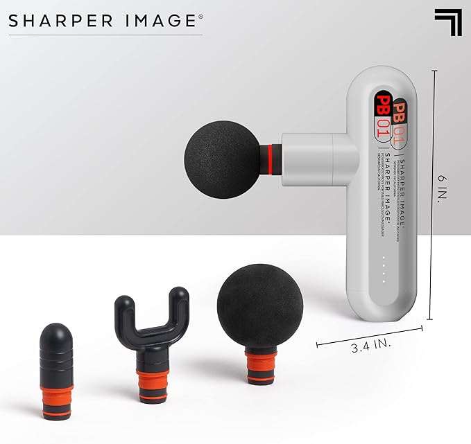 Sharper Image Powerboost Move - Mini Percussion Massage Gun| 4 Attachments 4 Speeds FSA Eligible| Full Body Back &amp Shoulder Massager| Deep Tissue Muscle Recovery| Portable Pain Relief Massage To