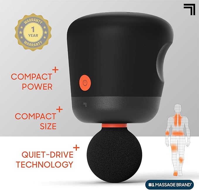 Sharper Image Mini Massage Gun Powerboost Palm Rechargeable Deep Tissue Percussion Handheld Massager 4 Adjustable Speeds 4 Attachment Heads Full Body Muscle Pain Relief Gift Black