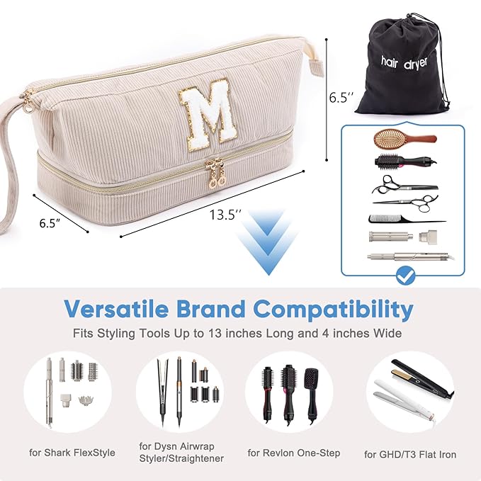 Initial Personalized Hair Dryer CaseDouble-Layer Hair Tools Travel Carrying Case for Shark FlexStyle/SmoothStyle with Hair Dryer Bag - Hair Air Wrap Dryer Case Flat Curling Iron Travel Organizer