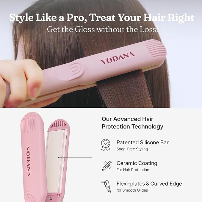VODANA Professional Hair Irons Bundle Soft Bar Flat Iron 1.5inch Milktea Rose Heat Balance Blockingloss Scalp Tonic