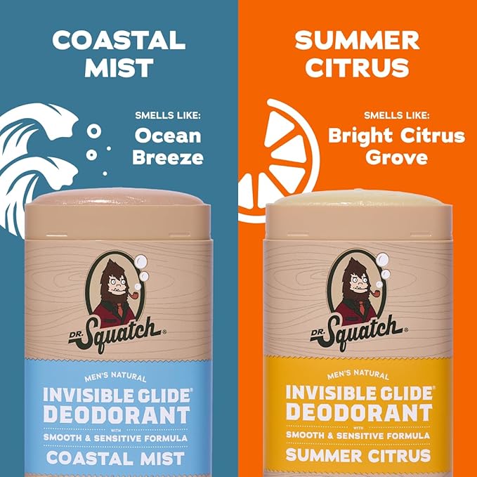 Dr. Squatch Invisible Glide Natural Men’s Deodorant – Smooth Glide No Stains – Aluminum Free Deodorant Men – Safe for Sensitive Skin – Coastal Mist + Summer Citrus 2.65oz (2-Pack)
