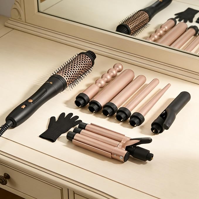 Ideal Swan 8 in 1 Curling Iron Set with Interchangeable Ceramic Curling Wand Thermal Brush &amp Flat Iron (0.35-1.25”) – Professional Hair Curler Kit for Waves Curls &amp Sleek Styles Gifts for