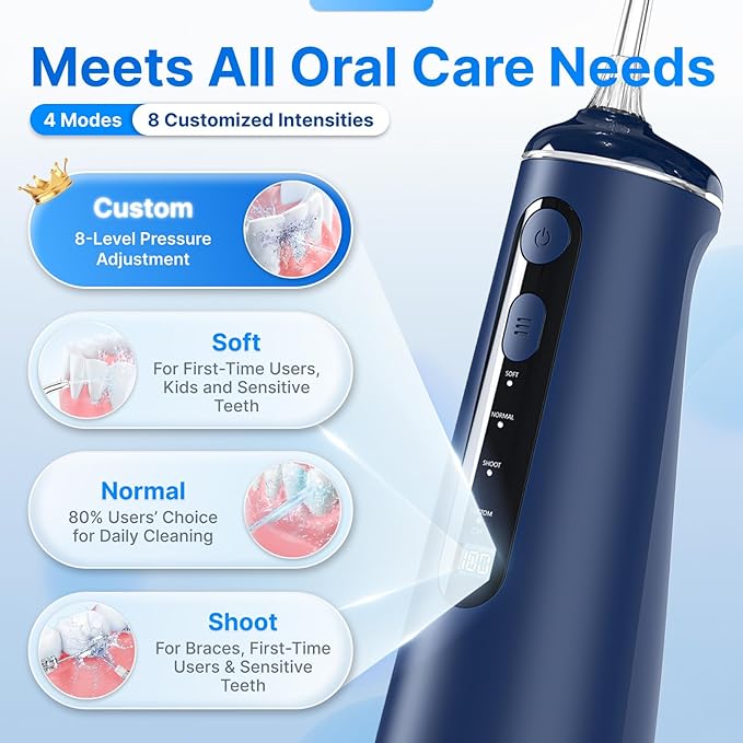 Water Flosser for Teeth Cordless Oral Irrigator Portable Dental Cleaner Picks with 8 DIY Modes 7 Jets 300ml Tank Braces Flossers Rechargeable (Blue)
