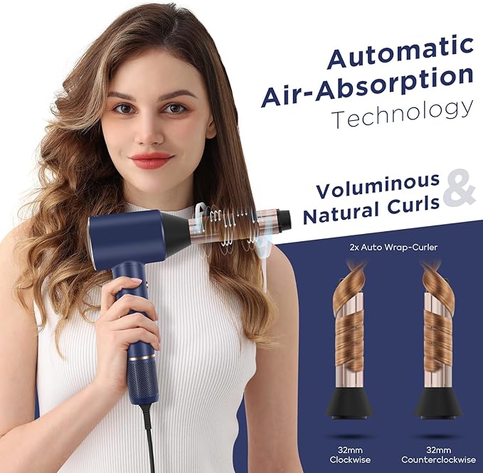 PARWIN PRO BEAUTY Air-Sonic Hair Dryer with Diffuser HD-LED Display &amp 110 000 RPM High Speed Ionic Blow Dryer 1 1/4 Inch Left &amp Right Air Auto-Wrap Curlers Prussian Blue Professional Versi