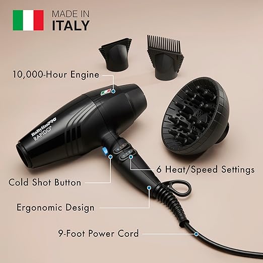 BaBylissPRO Hair Dryer Nano Titanium Rapido 2000-Watt Blow Dryer Hair Styling &amp Appliances Black BRAP1