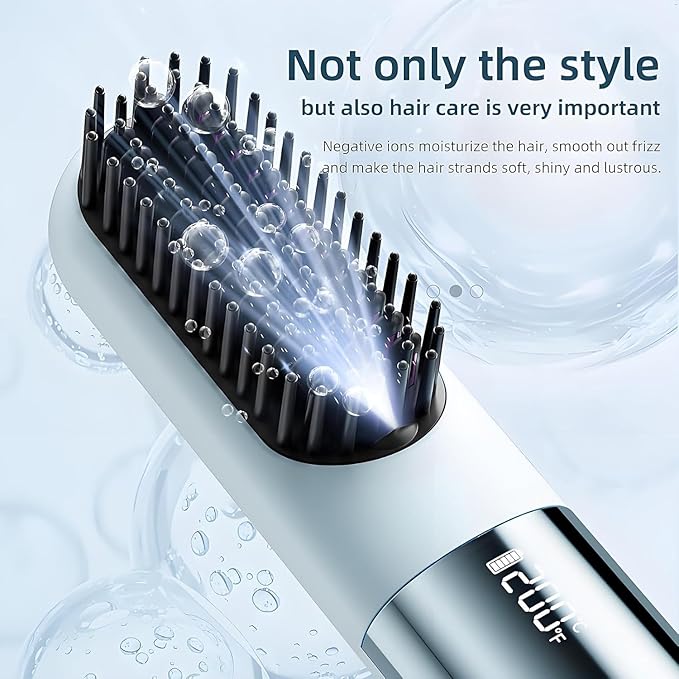 Upgraded Go Brush - Pro for Short Hair 3 Heat Settings for All Hair Types 30s Fast Heat Ionic &amp Ceramic Care Cold Air Mode 2500mAh USB-C Rechargeable Straightening Brush (A-Blue)