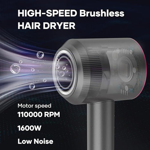 1600W Fast Drying Hair DryerNegative Ionic Blow Dryer with High-Speed 110000 RPM Brushless Powerful Digital MotorLow Noise Thermo-Control (Purple+Gray)
