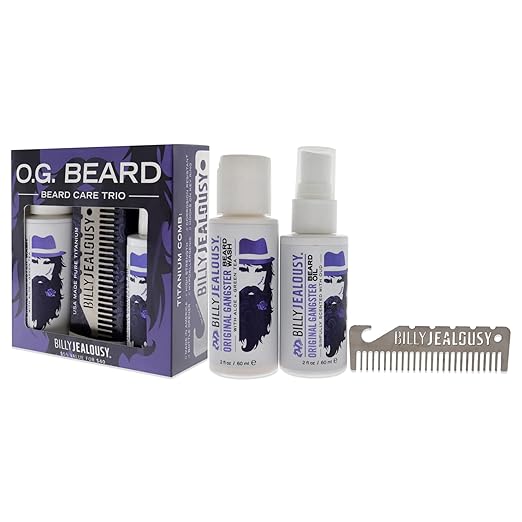 Billy Jealousy Original Gangster Beard Kit with Trave Size Beard Wash Oil and Titanium Keychain Comb to Cleanse Stengthen &amp Soften Facial Hair Oud Wood Scent