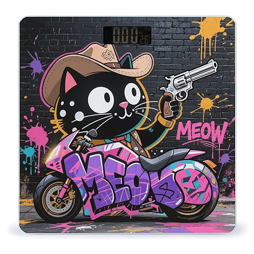 Cartoon Cat Riding Motorcycle Scale for Body Weight Sturdy Tempered Glass Weighing Scales with LCD Display Accurate Digital Bathroom Scale Convenient Body Fat Smart Scales Easy Read