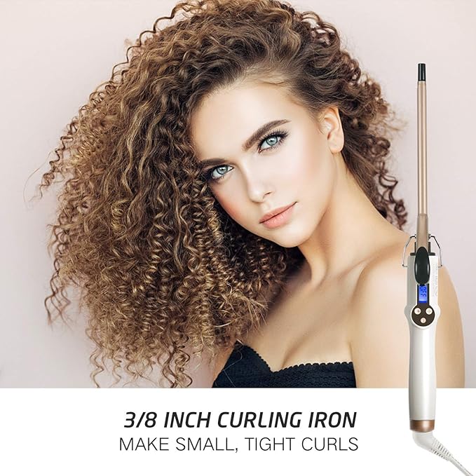 9mm Curling Iron Professional 3/8 Inch Ceramic Tourmaline Curl Wand Barrel Hair Curler Iron for Long &amp Short HairGlove Include Gold
