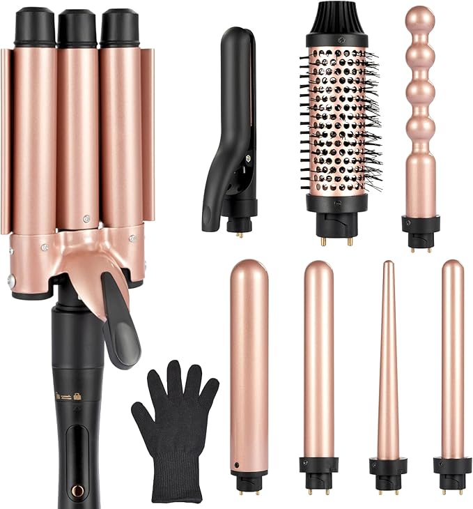 Ideal Swan 8 in 1 Curling Iron Set with Interchangeable Ceramic Curling Wand Thermal Brush &amp Flat Iron (0.35-1.25”) – Professional Hair Curler Kit for Waves Curls &amp Sleek Styles Gifts for
