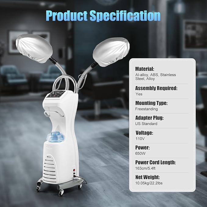 Professional Hair Steamer Hair Dyeing Machine 110V 650W 7 in 1 Rolling Salon Ozone Hair Care SPA Steamer Oil Treatment Hair Color Processor with Rolling Floor Stand Base Salon Spa Equipment