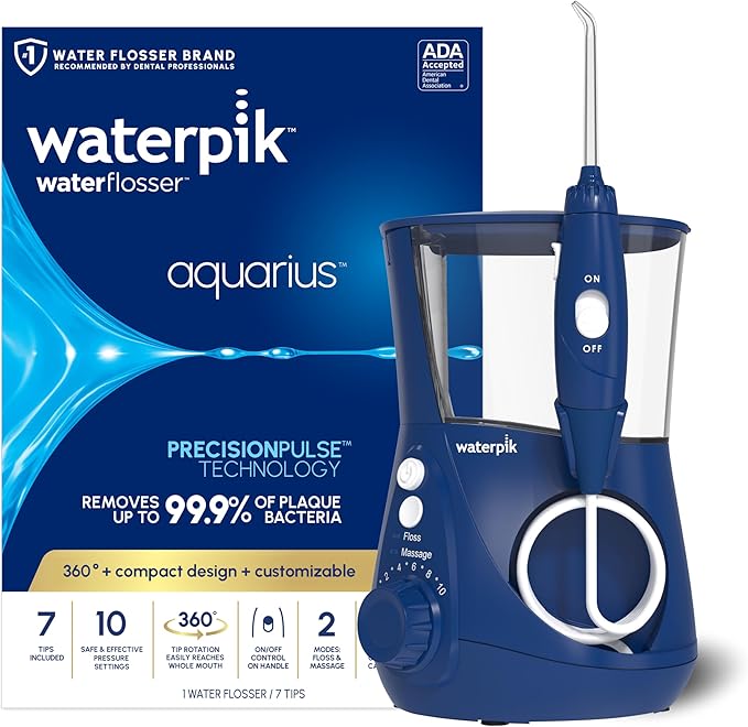 Waterpik Aquarius Water Flosser For Teeth Cleaning Gums Braces Dental Care Electric Power With 10 Settings 7 Tips For Multiple Users And Needs ADA Accepted Blue WP-663 Packaging May Vary