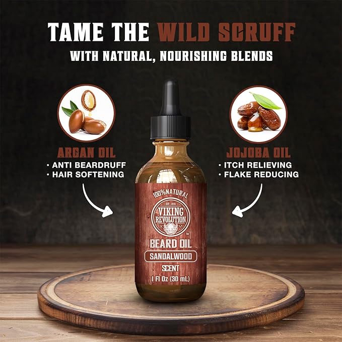 Viking Revolution Sandalwood Beard Wash and Beard Conditioner Kit for Men (17 Fl Oz each) and Sandalwood Beard Oil (1 Fl Oz) - Beard Softener Strengthener and Moisturizer with Argan and Jojoba Oils