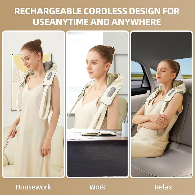 Cordless Neck Massager with Heat Electric Neck Shoulder Massager with Heat Kneading 6-Point for Deep Tissue Pain Relief Rechargeable Battery Brushless Motor