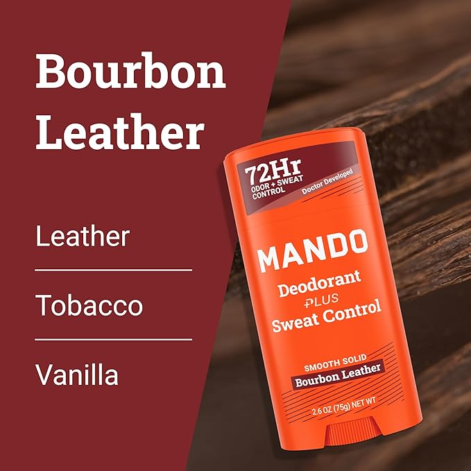 Mando Antiperspirant Deodorant Sweat and Odor Control for Men – Extra Strength Smooth Solid Stick – 72 Hour Performance – Baking Soda Free Skin Safe – 2.6 oz – Bourbon Leather – Pack of 2